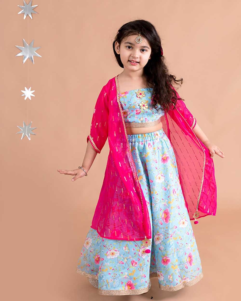 Pspeaches Girls Blue & Red Printed Ready To Wear Lehenga Choli