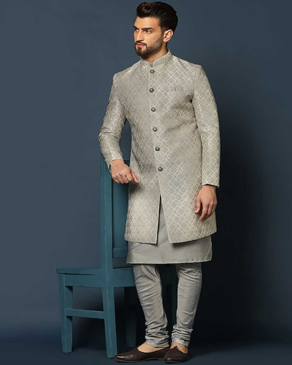 KISAH Woven-Design Cotton Sherwani Set