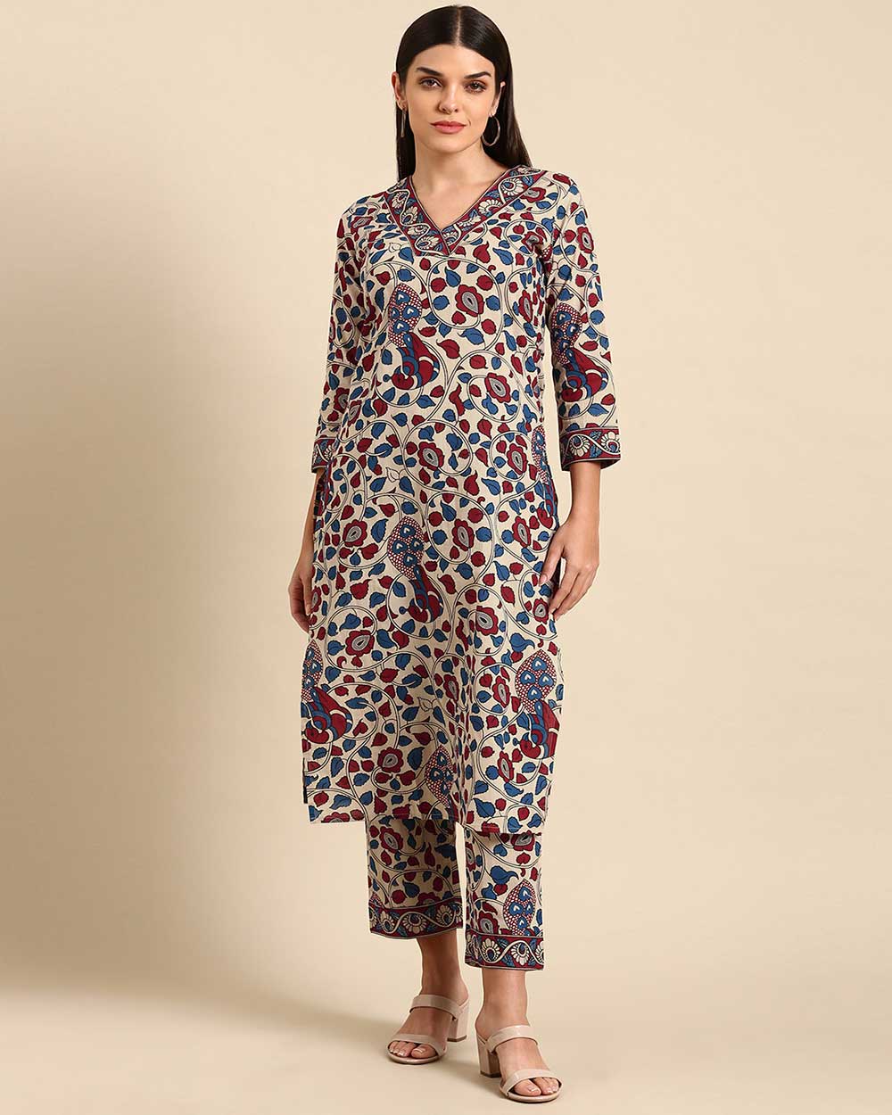 Anayna Women Beige Floral Printed Pure Cotton Kurta With Trousers