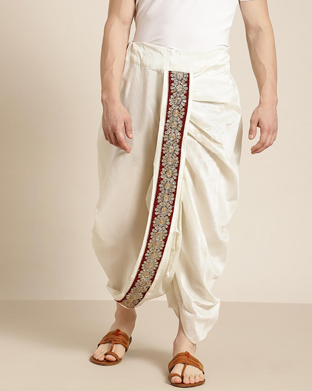Anug By SOJANYA Men Cream-Colour & Maroon Solid Sequin Velvet Finish Border Stitched Dhoti