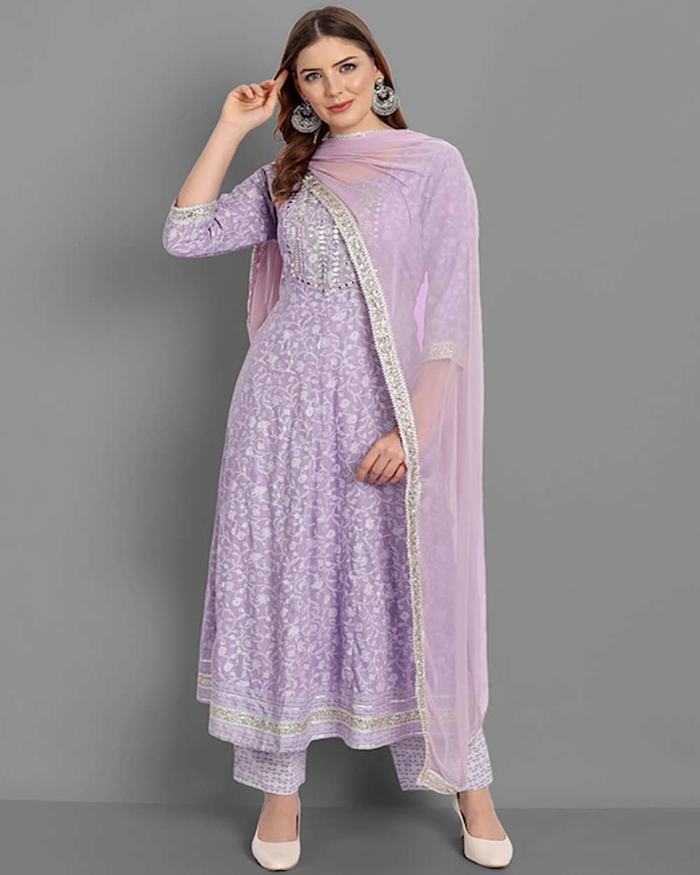 SINGNI Women Purple Ethnic Motifs Embroidered Mirror Work Kurta With Trousers & Dupatta