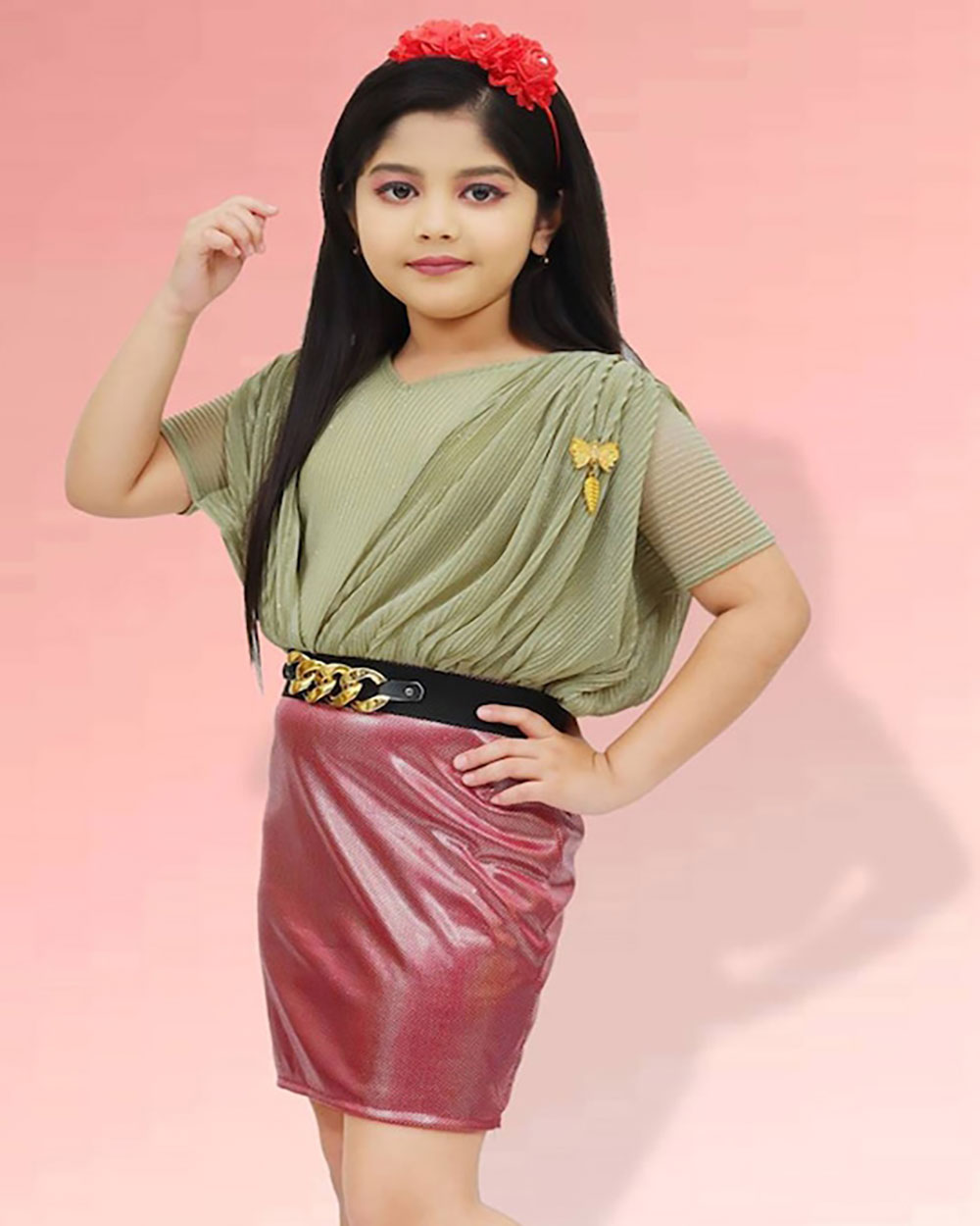 BAESD Girls Colourblocked Pleated Sheath Dress With Belt