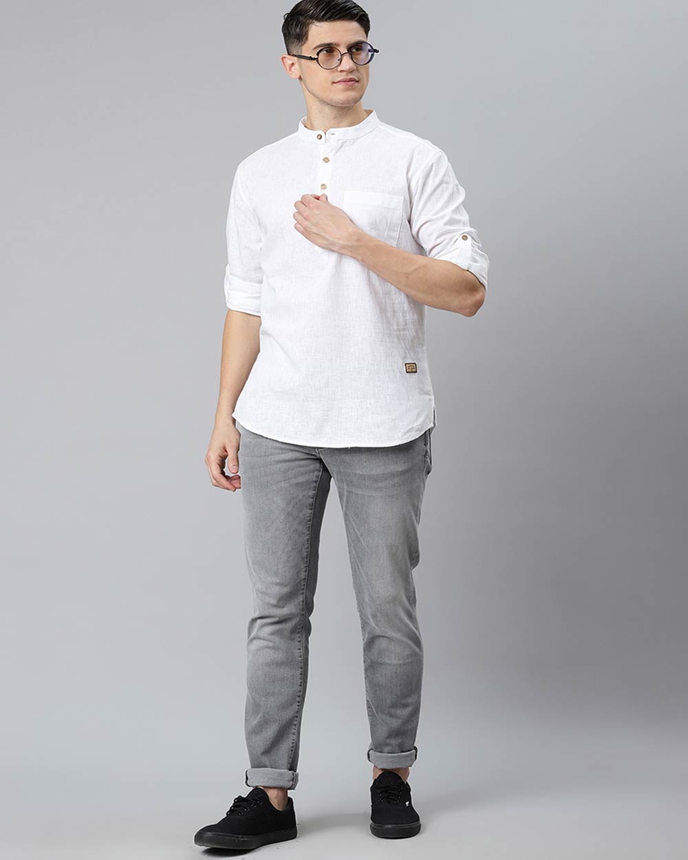 DENNISON Men White Solid Straight Pure Cotton Short Kurta