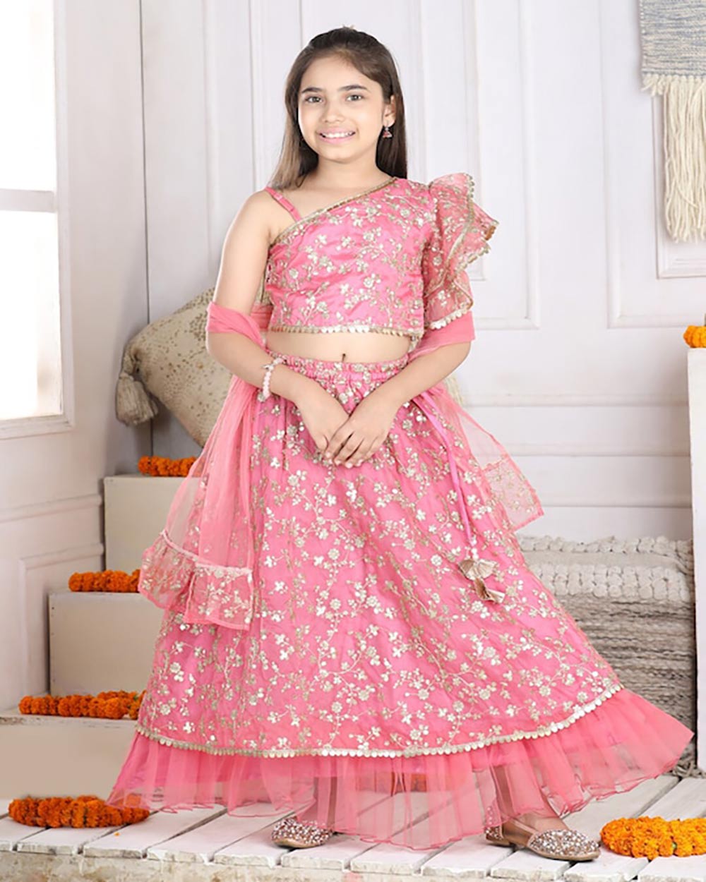Cutiekins Girls Floral Embroidered Sequinned Ready To Wear Lehenga & Blouse With Dupatta
