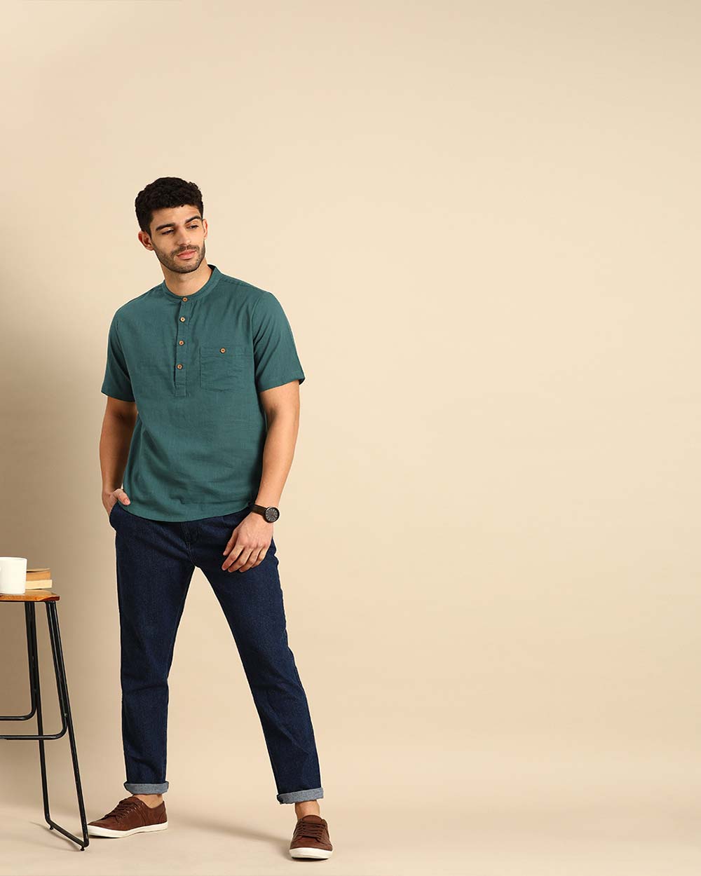 Anouk Men Green Pure Cotton Daily Wear Waist Length Kurta