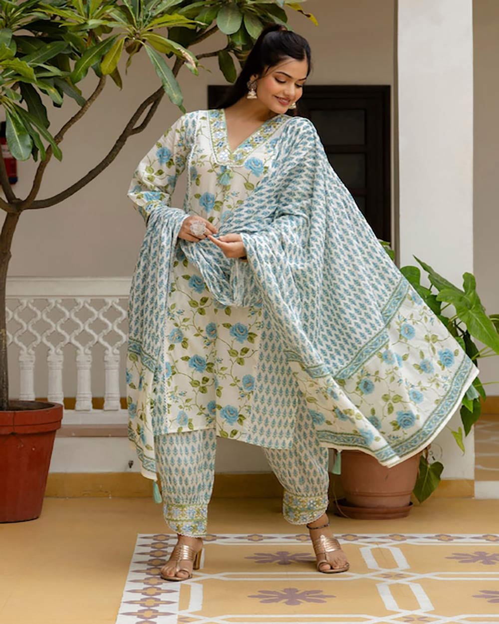Anouk Floral Yoke Design Empire Mirror Work Pure Cotton Kurta With Patiala & Dupatta