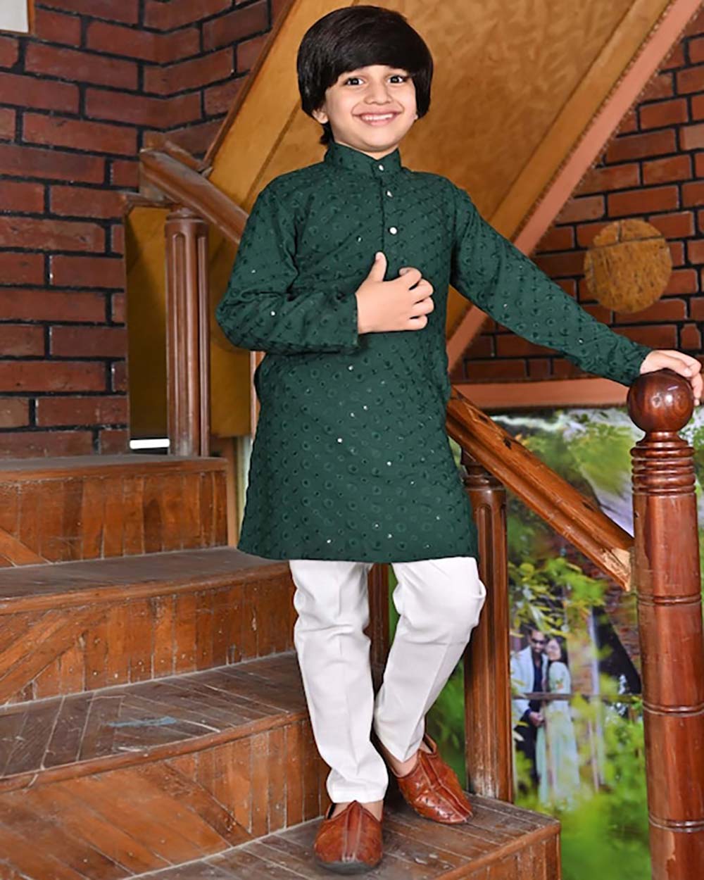Ahhaaaa Boys Geometric Embroidered Band Collar Kurta With Pyjamas