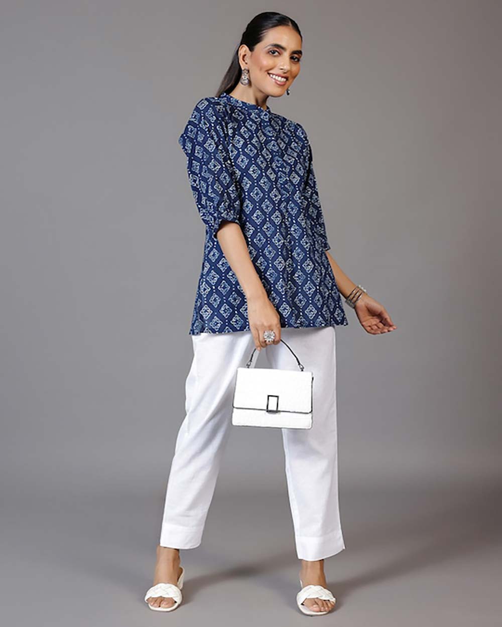 Libas Geometric Printed Mandarin Collar Three-Quarter Sleeves Pure Cotton Kurti