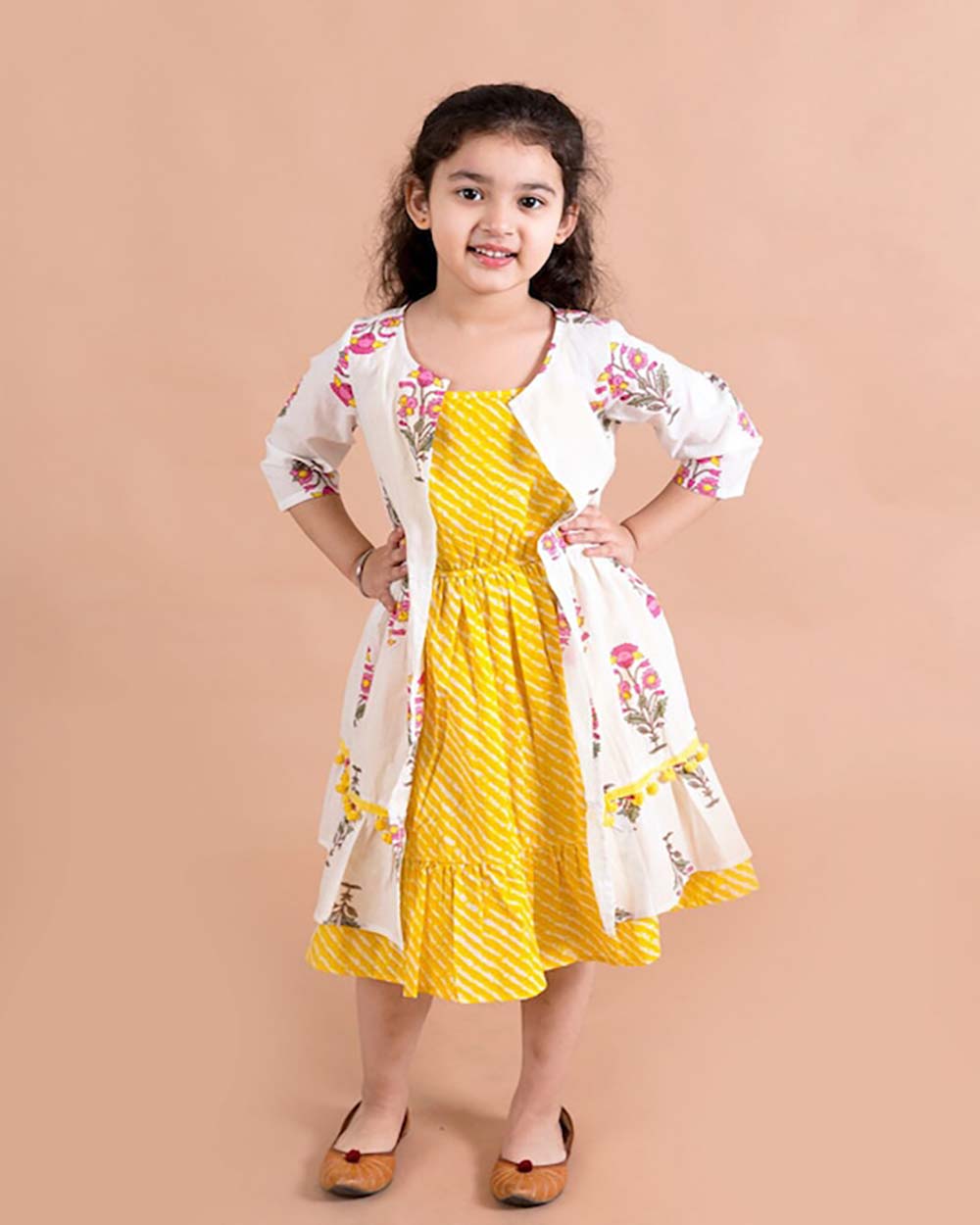 Pspeaches Girls Yellow Striped Cotton Midi Dress With Printed Shrug