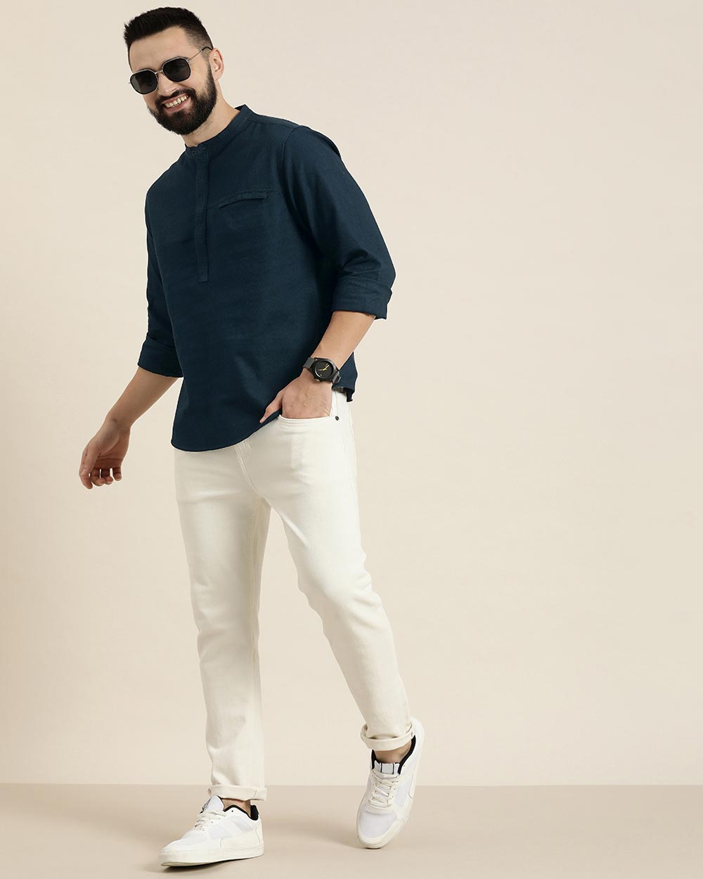 Here&now Men Solid Cotton Kurta
