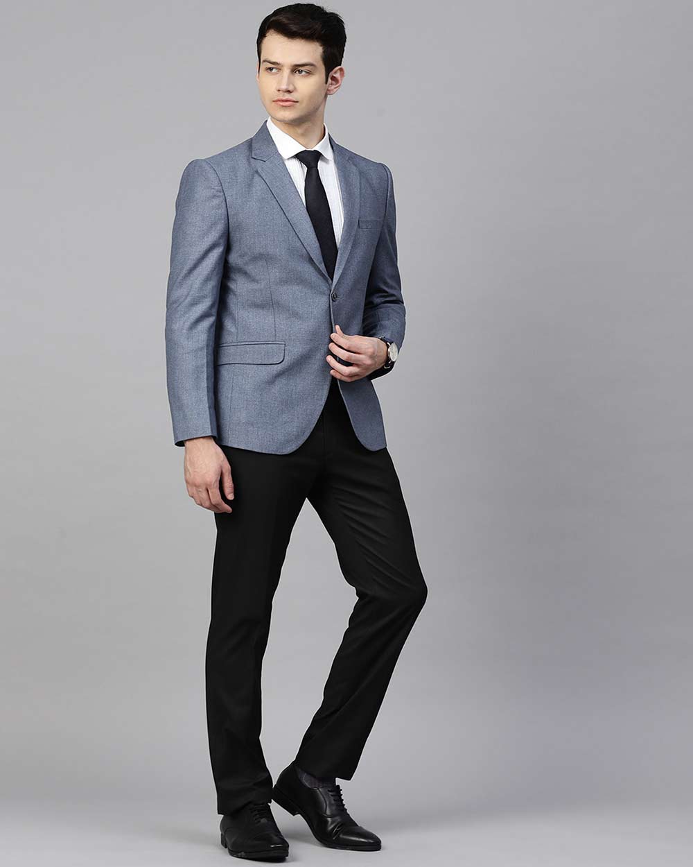 MANQ Men Blue Slim Fit Solid Single-Breasted Formal Blazer