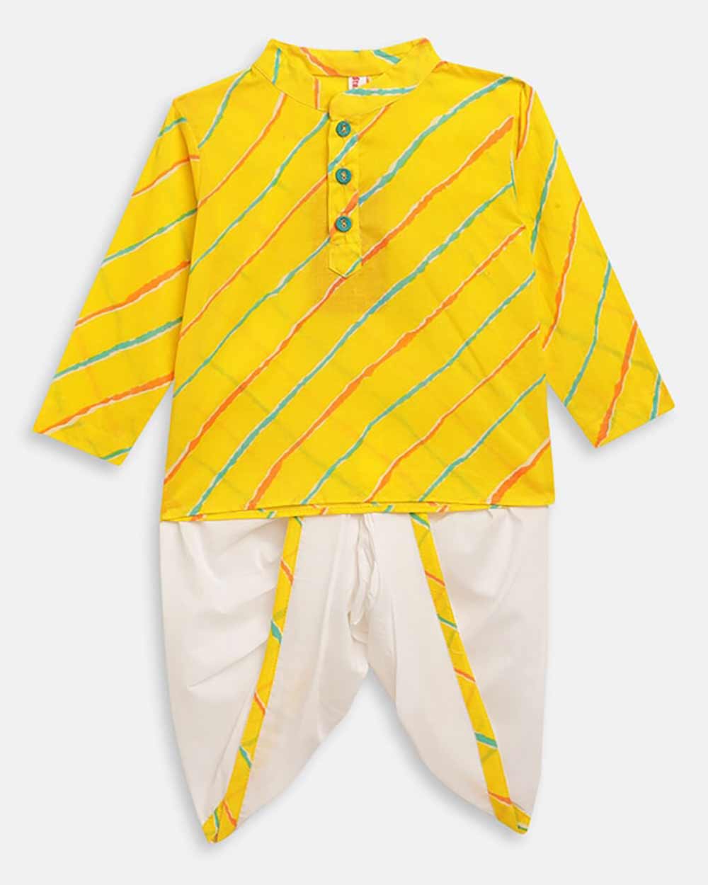 Stuffie Land Boys Yellow Leheriya Printed Pure Cotton Kurta With Dhoti Pants
