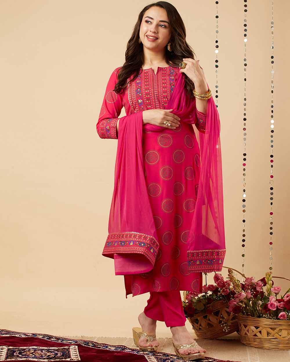 KALINI Ethnic Motifs Yoke Design Gotta Patti Kurta With Trousers & Dupatta