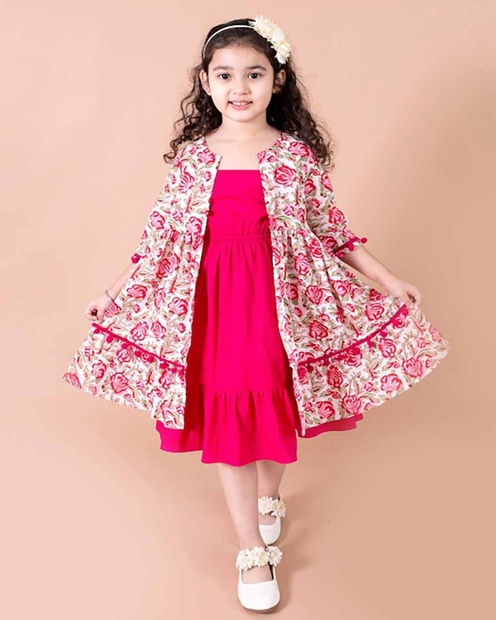 Pspeaches Magenta & White Floral A-Line Cotton Dress With Attached Shrug